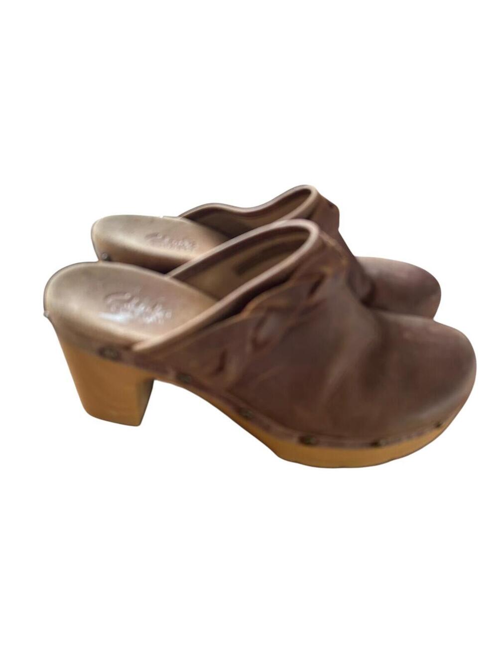 Clarks Brown Leather Clogs 7.5 Platform Mule Wood Heel Boho Cottage - Picture 4 of 8